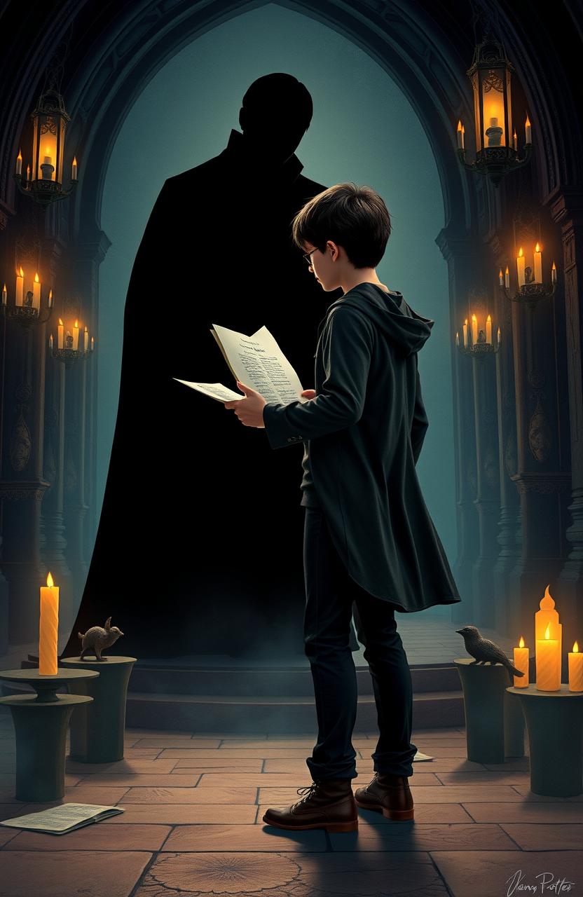 Harry Potter standing sideways, taking a step towards a dark, tall silhouette of a man