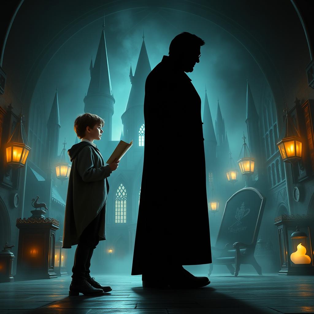 Harry Potter standing sideways, taking a step towards a dark, tall silhouette of a man