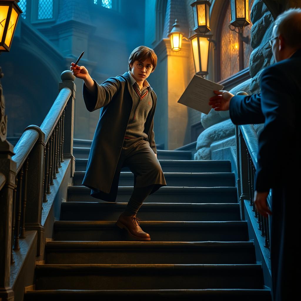 Harry Potter standing on steps, taking a step forward as he ascends