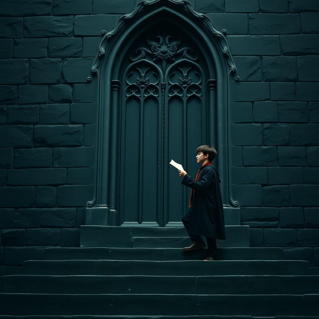 Harry Potter standing on steps, taking a step forward as he ascends