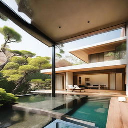 A one-story Japanese villa designed with terraced contours, standing on a 100m2 land with a 60m2 building area. The second floor of 60m2 encompasses an infinity pool, a carport, a balcony, and a rooftop area for relaxation. Each floor contains a living room, bedroom, and bathroom.