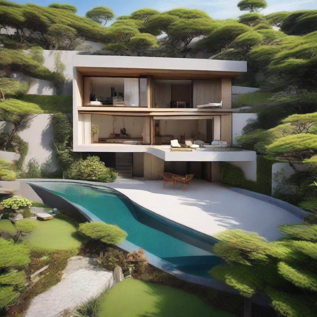 A terraced, one-story Japanese villa on a 100m2 plot, with a 60m2 floor area. The second floor holds an additional 60m2 of space, equipped with an infinity pool, carport, and balcony. Each floor includes a living room, bedroom, and bathroom. A serene rooftop relaxation area tops it off.