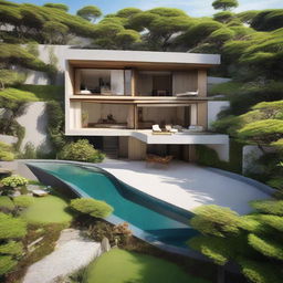 A terraced, one-story Japanese villa on a 100m2 plot, with a 60m2 floor area. The second floor holds an additional 60m2 of space, equipped with an infinity pool, carport, and balcony. Each floor includes a living room, bedroom, and bathroom. A serene rooftop relaxation area tops it off.