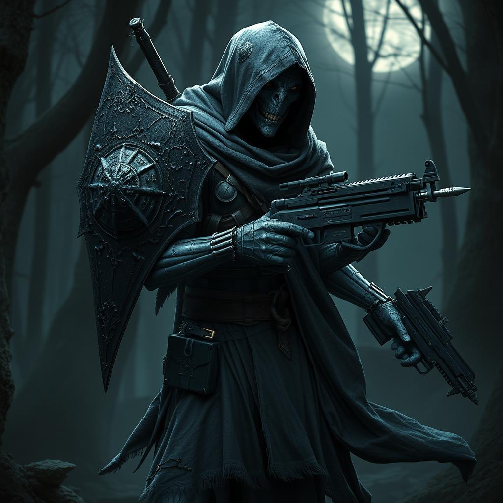 A grey Thri-kreen rogue ranger, featuring a sleek, insectoid design with three pairs of arms
