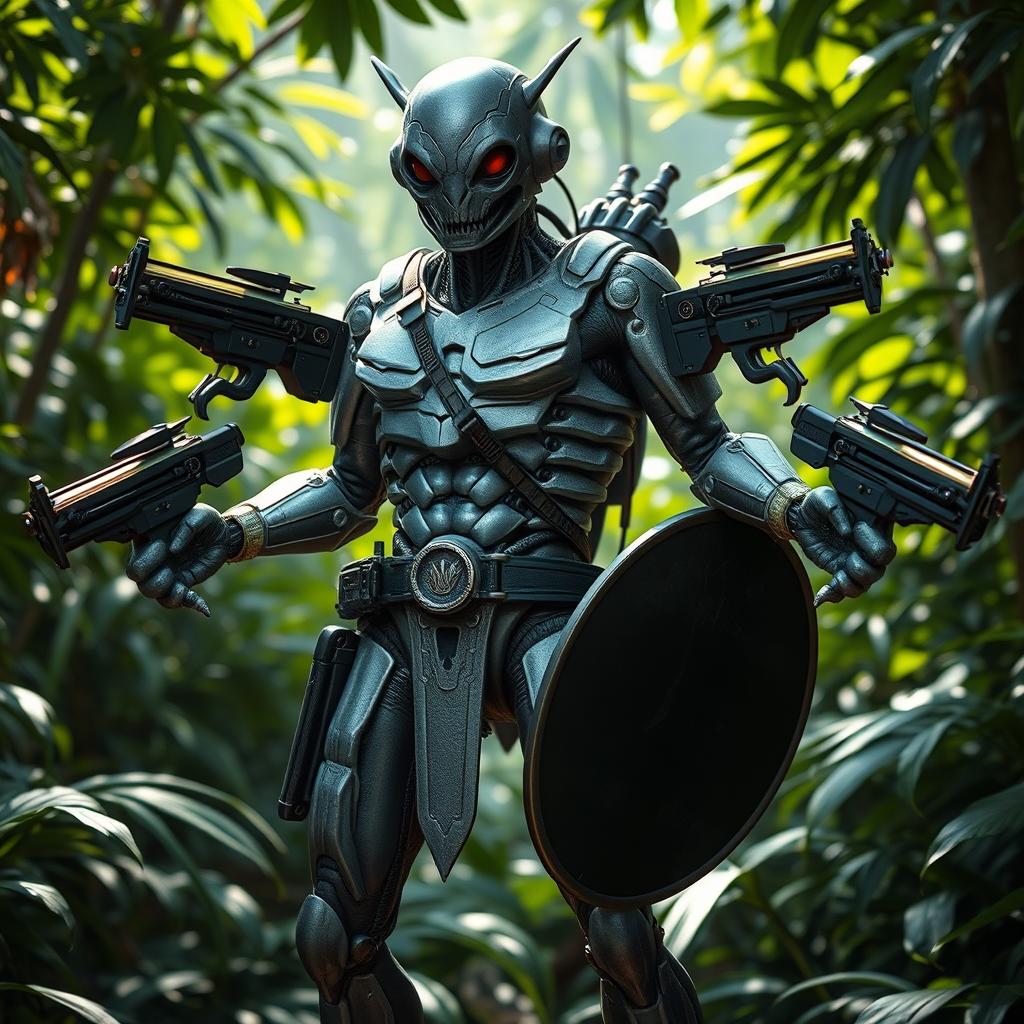 A Grey Thri-kreen ranger stands heroically, showcasing his four arms equipped with sleek, high-tech wrist-mounted crossbows