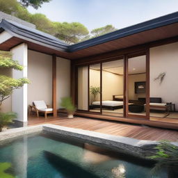 A terraced, one-story Japanese villa on a 100m2 plot, with a 60m2 floor area. The second floor holds an additional 60m2 of space, equipped with an infinity pool, carport, and balcony. Each floor includes a living room, bedroom, and bathroom. A serene rooftop relaxation area tops it off.