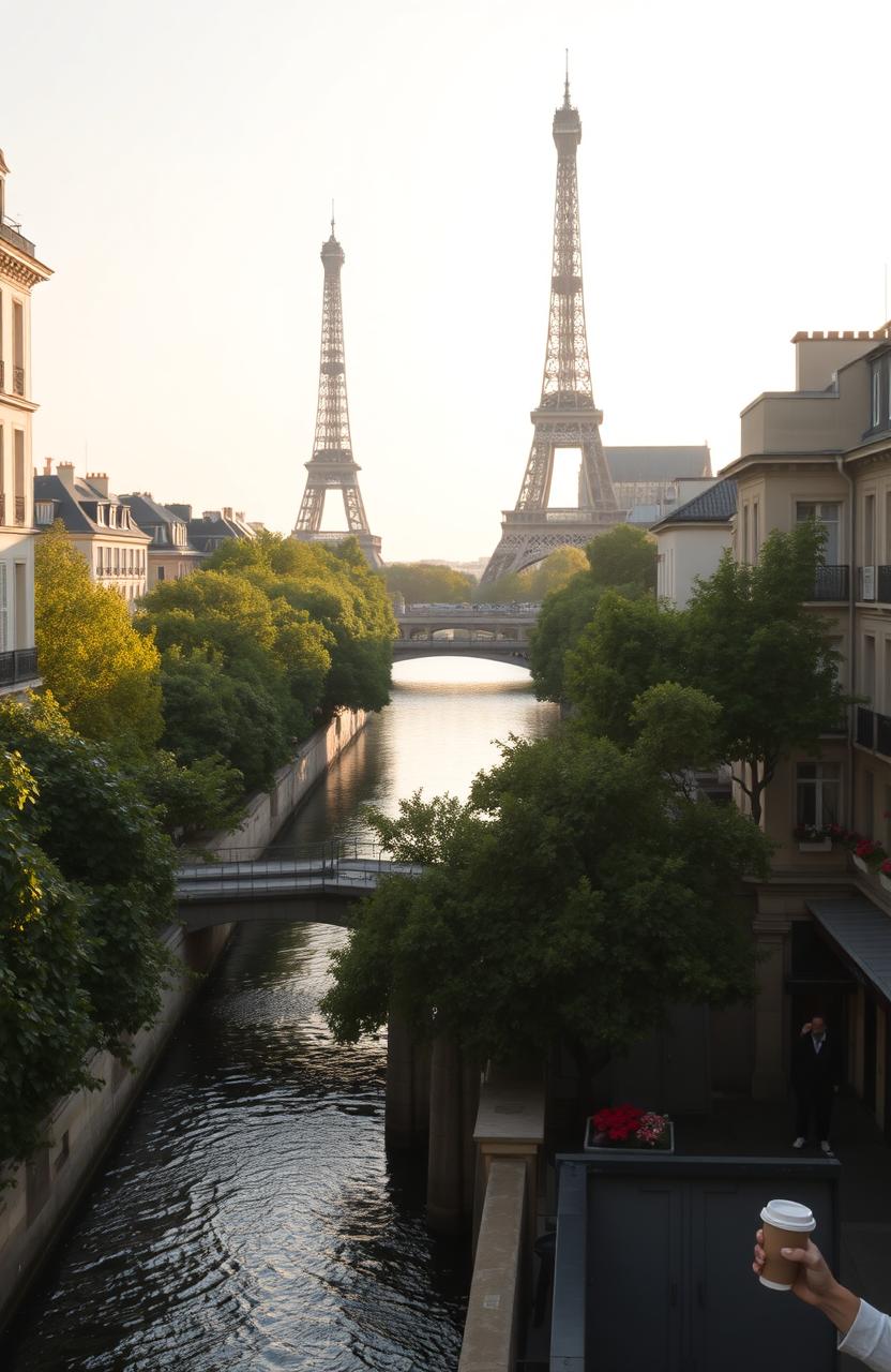 A serene morning view of Paris, soft golden sunlight illuminating the iconic landmarks such as the Eiffel Tower and Notre-Dame Cathedral