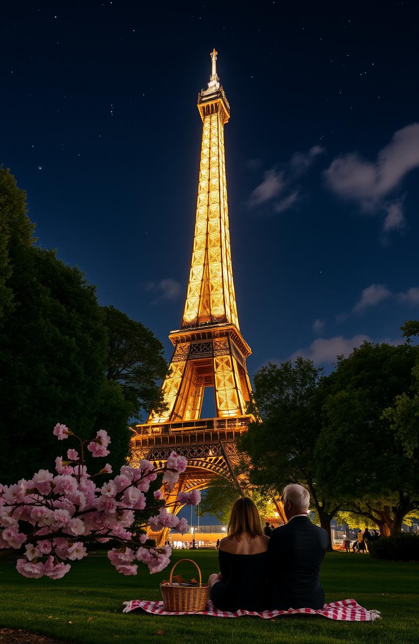 A breathtaking view of the Eiffel Tower in Paris, illuminated at night against a clear starry sky