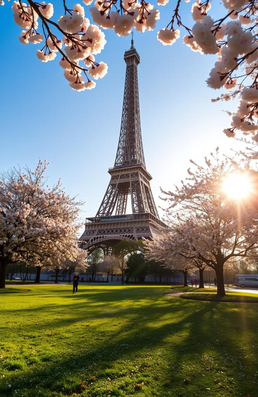 A stunning view of the Eiffel Tower bathed in the soft golden light of morning