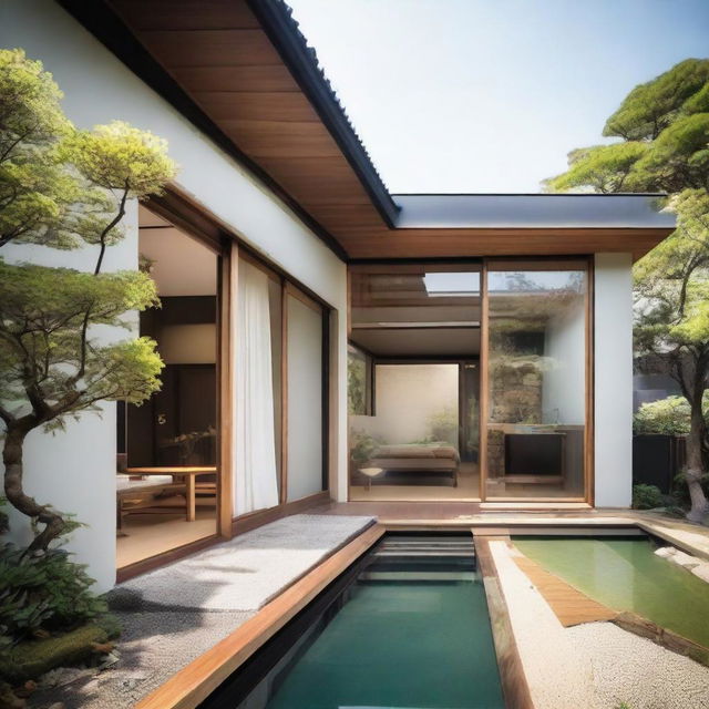 A terraced, one-story Japanese villa on a 100m2 plot, with a 60m2 floor area. The second floor holds an additional 60m2 of space, equipped with an infinity pool, carport, and balcony. Each floor includes a living room, bedroom, and bathroom. A serene rooftop relaxation area tops it off.