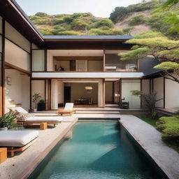 A terraced, one-story Japanese villa on a 100m2 plot, with a 60m2 floor area. The second floor holds an additional 60m2 of space, equipped with an infinity pool, carport, and balcony. Each floor includes a living room, bedroom, and bathroom. A serene rooftop relaxation area tops it off.