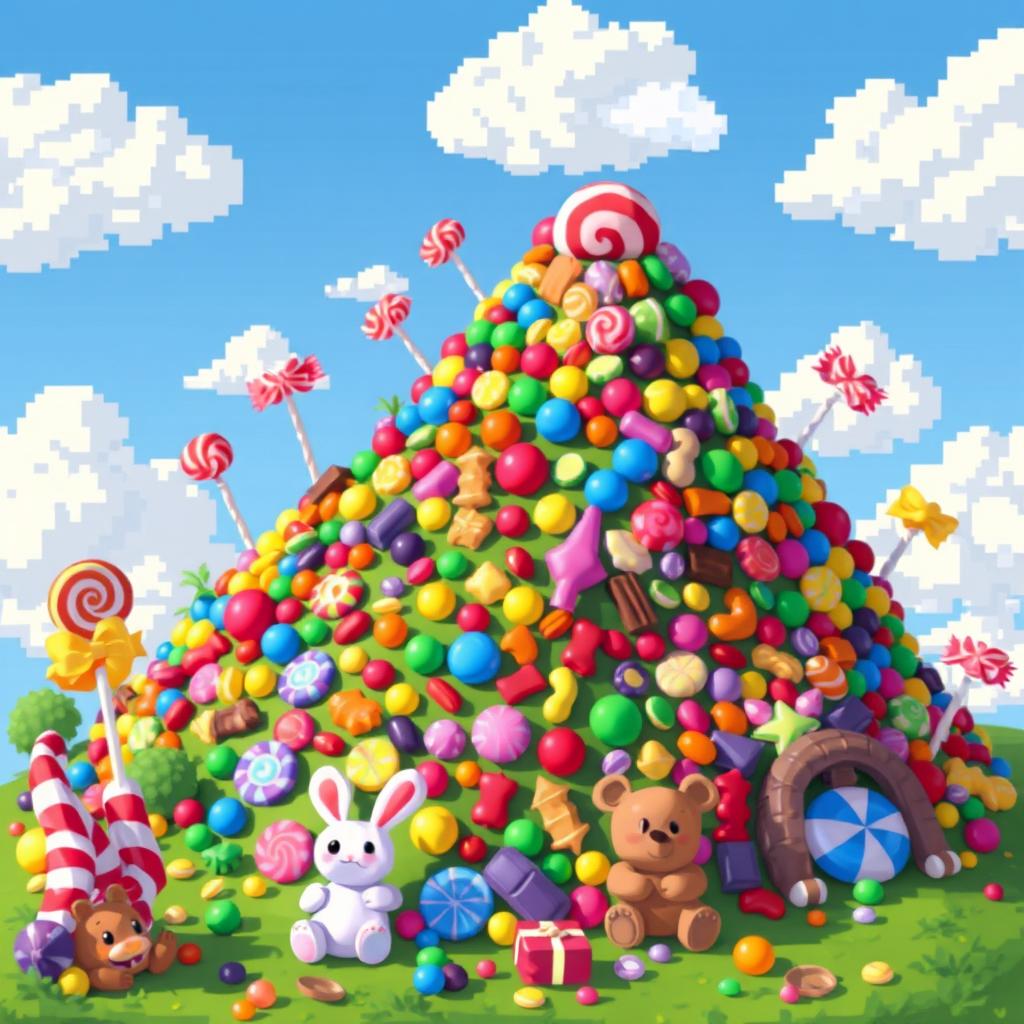 A whimsical mountain made entirely of colorful candies and sweets, known as 'candy hill', designed in an imaginative pixel art style