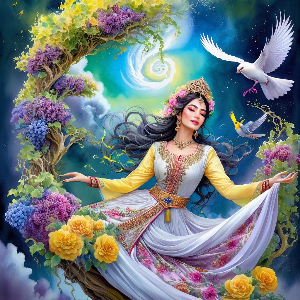 Mystical and spiritual watercolor painting of a beautiful Iranian woman in traditional dress suspended in the air in a swirl of multi-colored flowers, a maze of asymmetrical bonsai trees, a whirlwind of beautiful birds, and a forest of grapevines in a spectrum of green, yellow, and blue