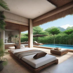 A Balinese-style villa featuring terraced contours and one floor. Measuring 60m2, embedded in a 100m2 plot. A second floor of the same size houses an infinity pool, carport and a balcony. Both floors include a living room, bedroom, and bathroom, with a relaxing rooftop area.