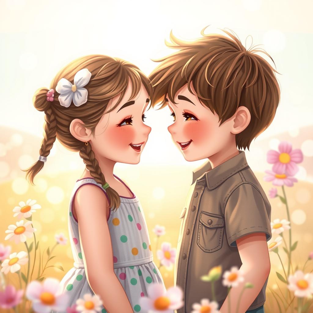 A charming scene depicting a young girl and a young boy gazing affectionately into each other's eyes