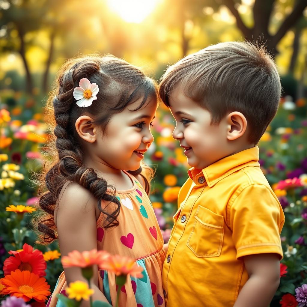A heartwarming scene featuring a young boy and a young girl looking sweetly at each other