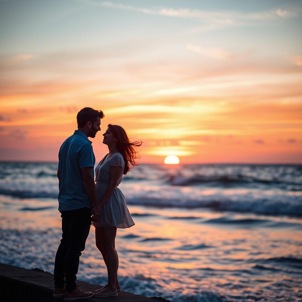 A young couple standing together by the seaside, admiring a breathtaking sunset over the ocean