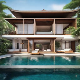 A Balinese-style villa featuring terraced contours and one floor. Measuring 60m2, embedded in a 100m2 plot. A second floor of the same size houses an infinity pool, carport and a balcony. Both floors include a living room, bedroom, and bathroom, with a relaxing rooftop area.