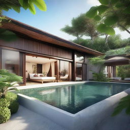 A Balinese-style villa featuring terraced contours and one floor. Measuring 60m2, embedded in a 100m2 plot. A second floor of the same size houses an infinity pool, carport and a balcony. Both floors include a living room, bedroom, and bathroom, with a relaxing rooftop area.