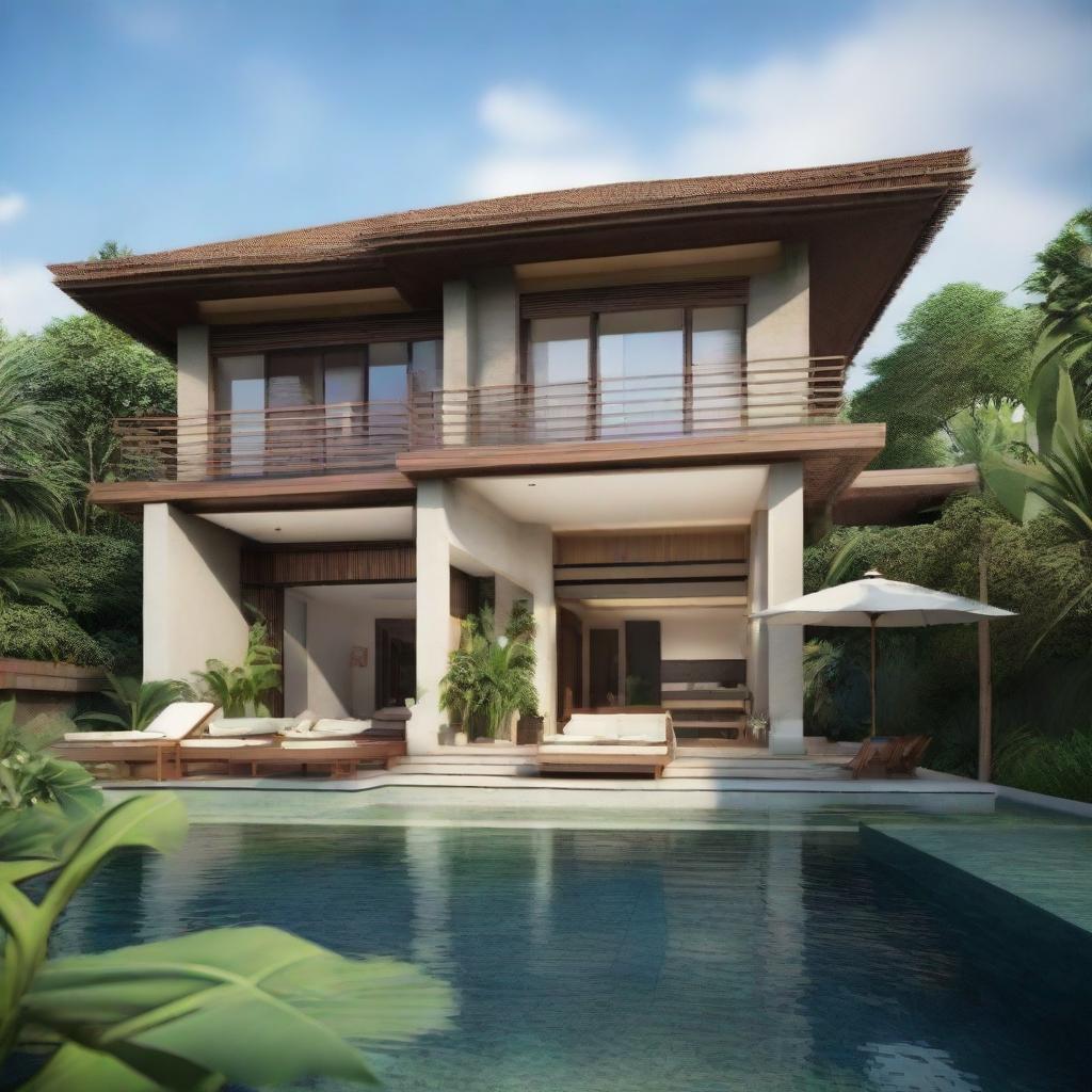 A Balinese-style villa featuring terraced contours and one floor. Measuring 60m2, embedded in a 100m2 plot. A second floor of the same size houses an infinity pool, carport and a balcony. Both floors include a living room, bedroom, and bathroom, with a relaxing rooftop area.