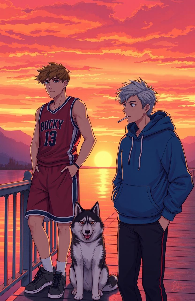 A stunning book cover illustration featuring a vibrant sunset with warm hues of orange and pink