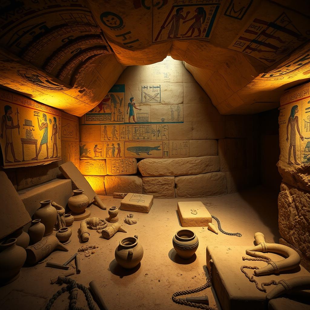 An incredible archaeological discovery under the Pyramid of Khafre, showcasing ancient Egyptian artifacts like intricate pottery, gold jewelry, and beautifully painted murals