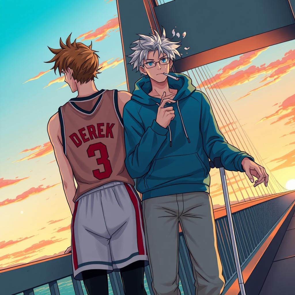An eye-catching book cover illustration featuring two guys standing at the edge of a bridge, leaning casually on the railing