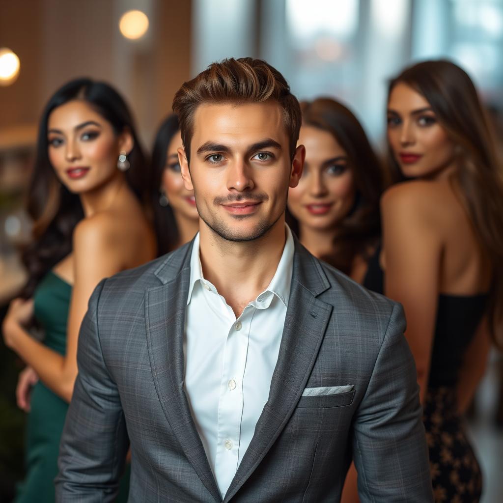 A vertically oriented image featuring a charming, handsome man standing in the center, exuding charisma and confidence
