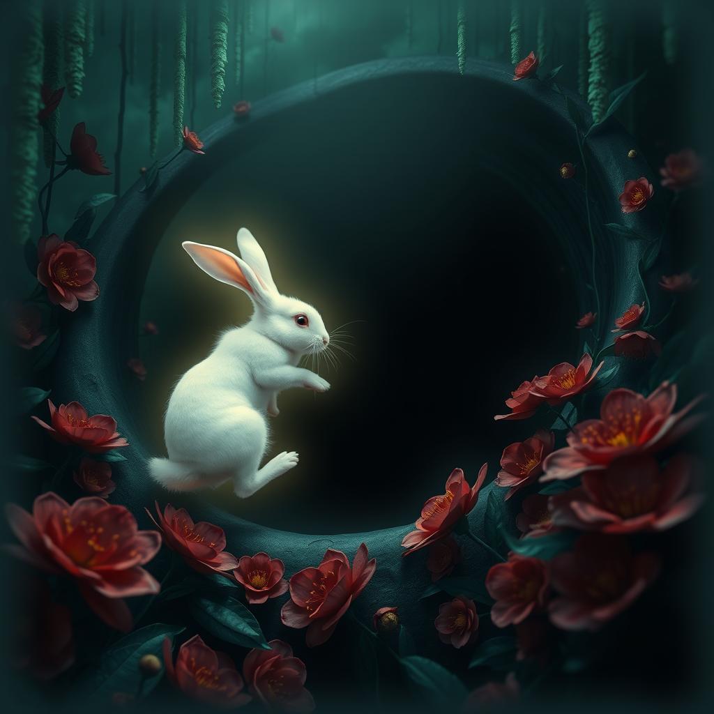 A surreal scene inspired by the Matrix, featuring a white rabbit as the central figure
