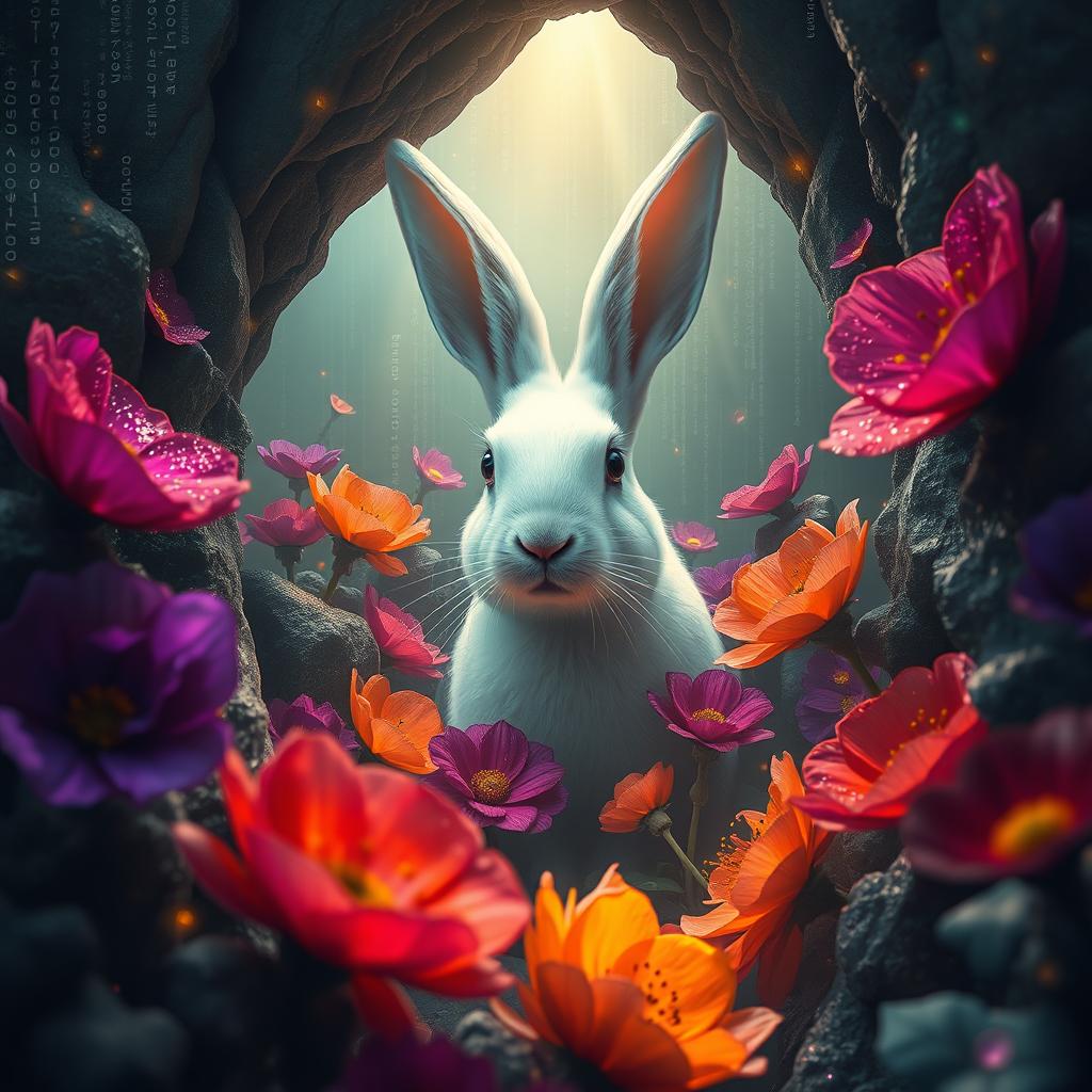 A surreal and mystical scene inspired by the concept of the Matrix, featuring a white rabbit as a central figure