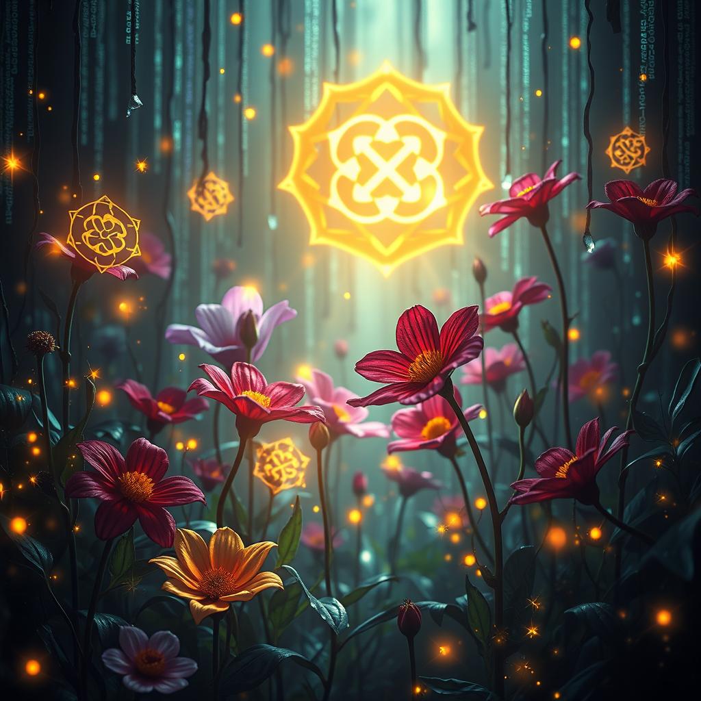 A surreal and vibrant interpretation of the Matrix, featuring dark, colorful flowers intertwined with glowing, mystical symbols that represent wisdom and knowledge
