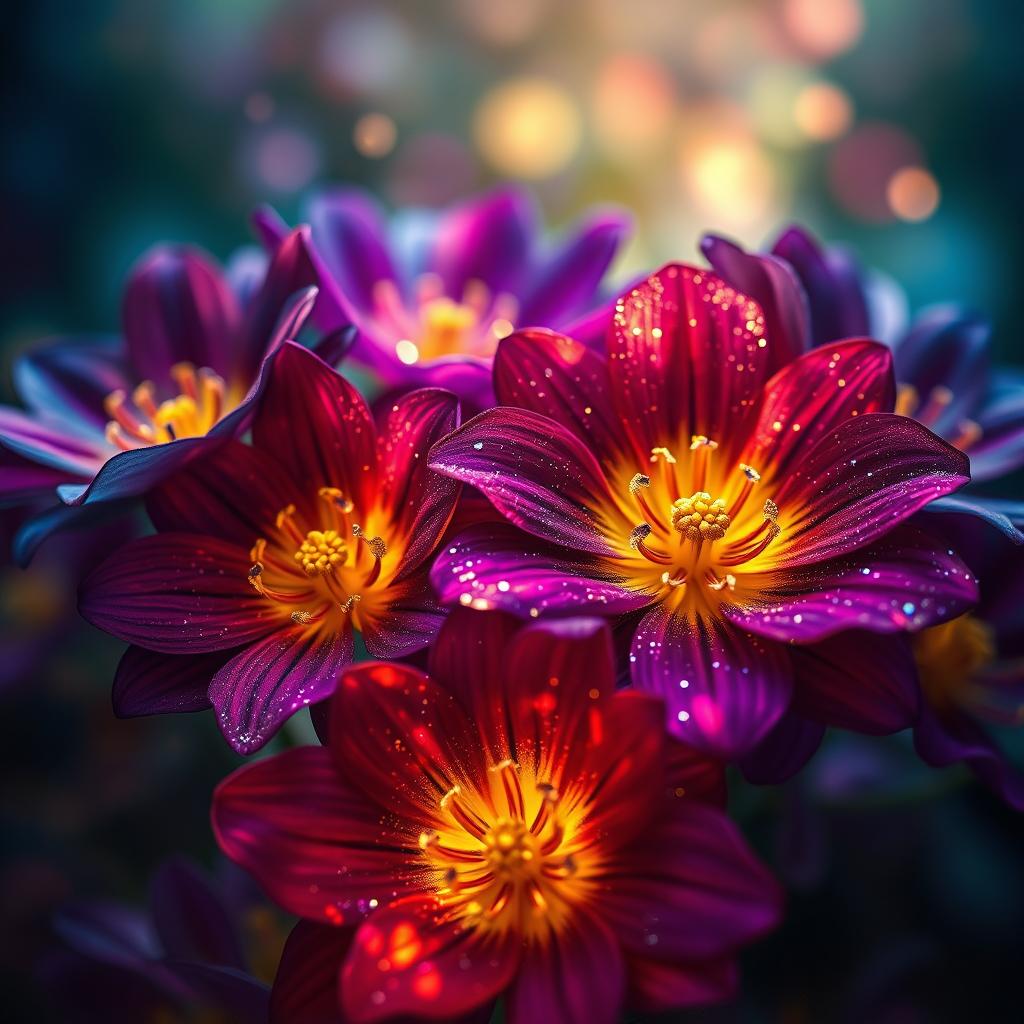 A vibrant and mystical depiction of colorful flowers with dark, rich hues, exuding an aura of wisdom and knowledge