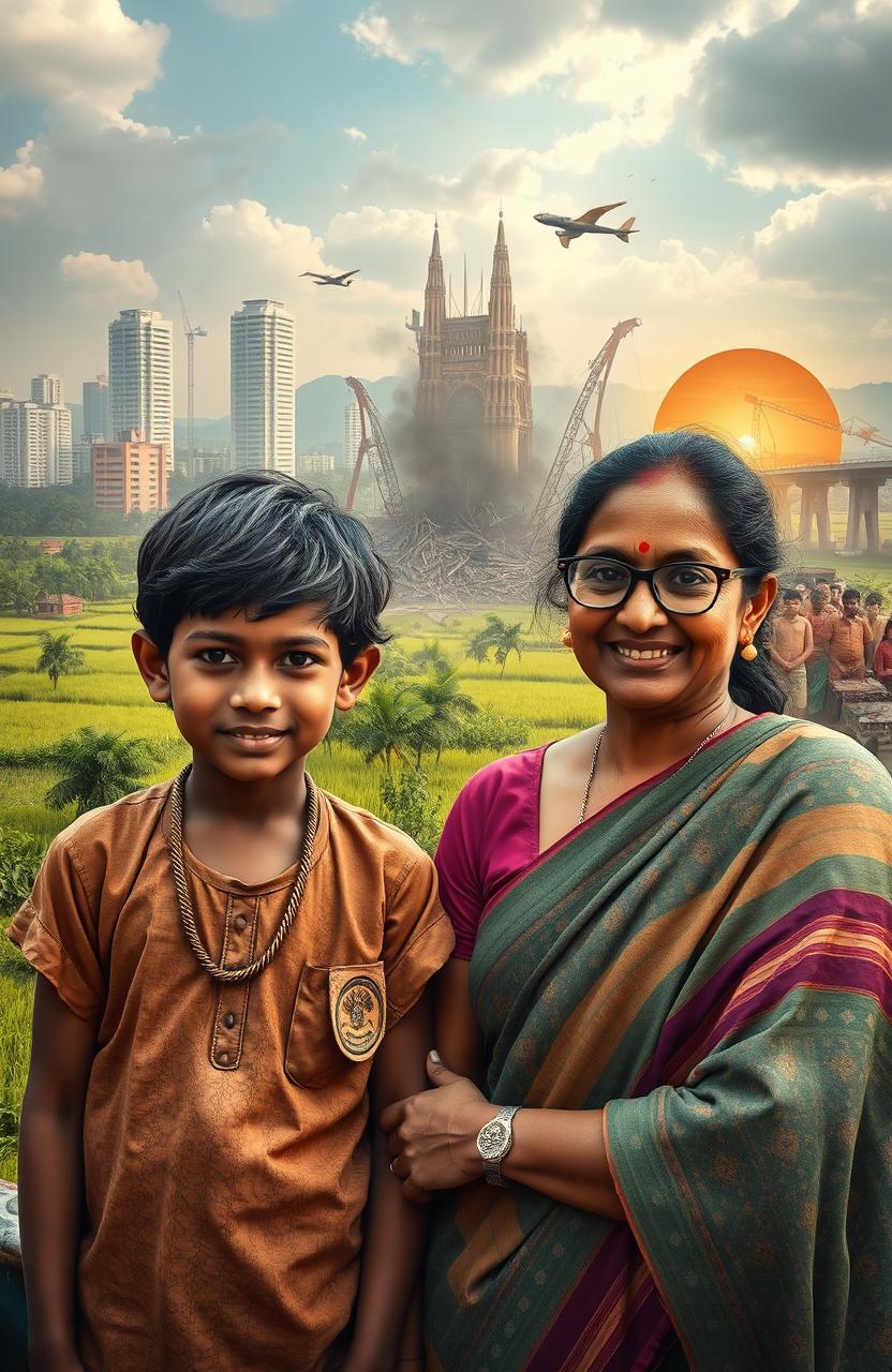 A touching scene capturing the bond between Basu, a tribal orphan with rustic clothing and a hopeful expression, and Prerna, a brilliant student with glasses and a determined look