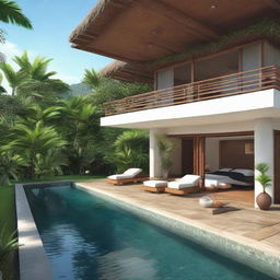 An elegant Balinese villa with a single, 60m2 floor on a 100m2 plot. An additional 60m2 second floor features an infinity pool, carport, and balcony. Each floor houses a living room, bedroom, and bathroom. A serene place for relaxation tops the structure on the rooftop.