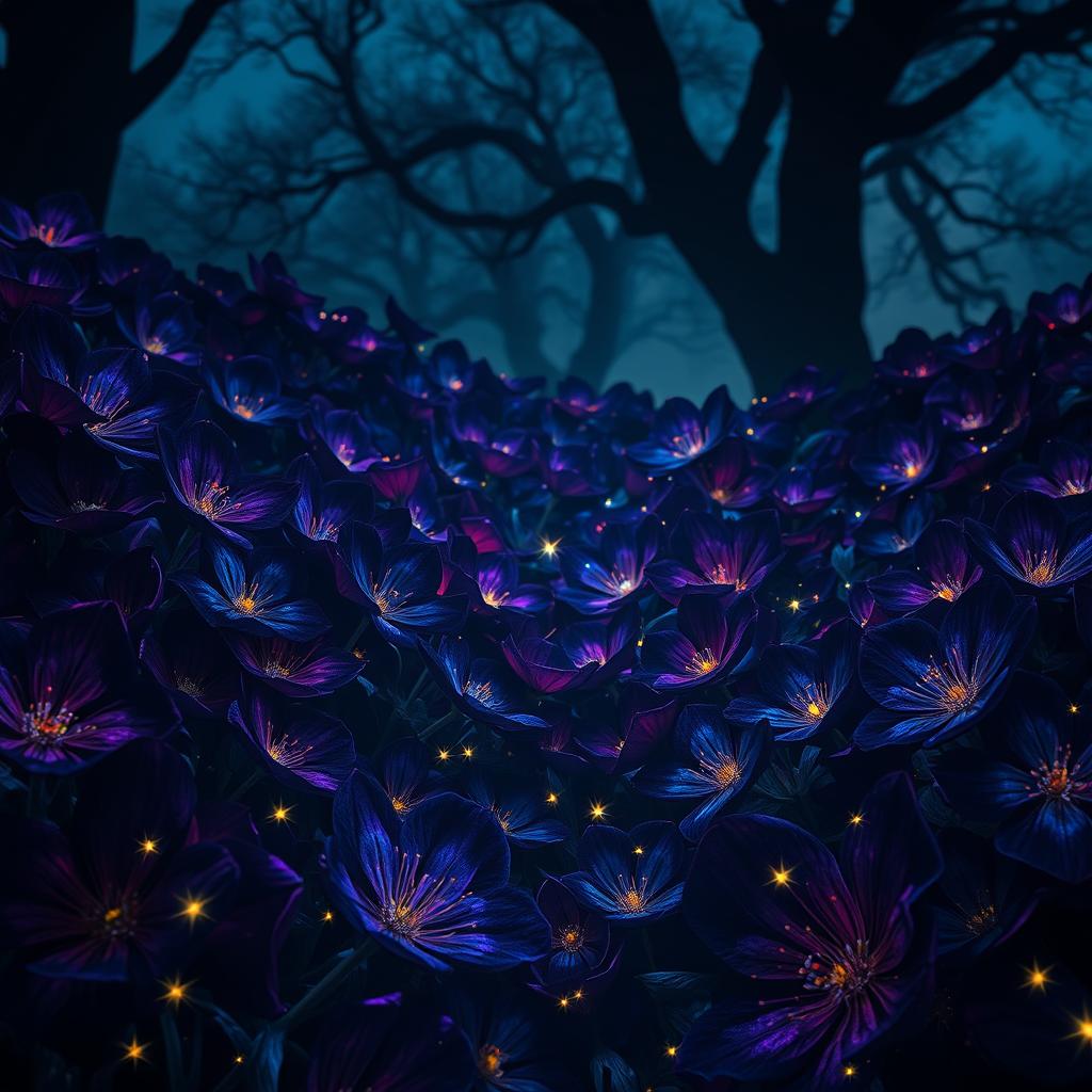 A mystical place filled with dark, colorful flowers that shimmer and glitter in the ambient light