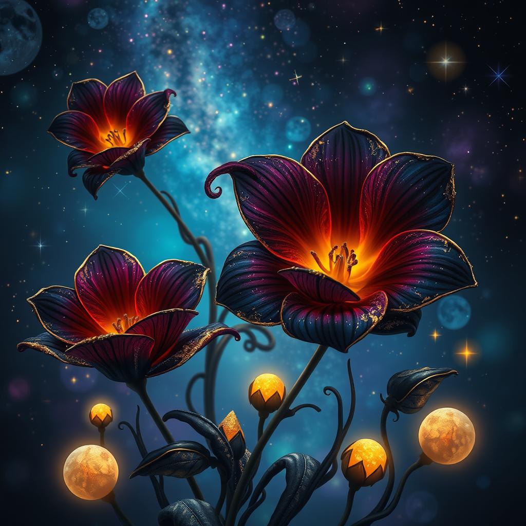 A surreal and enchanting scene featuring dark, colorful flowers that exude an aura of mystic wisdom, each petal shimmering with a touch of glittering gold