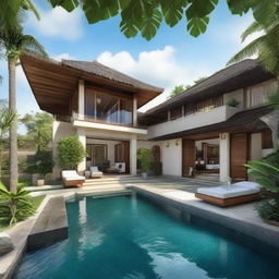 An elegant Balinese villa with a single, 60m2 floor on a 100m2 plot. An additional 60m2 second floor features an infinity pool, carport, and balcony. Each floor houses a living room, bedroom, and bathroom. A serene place for relaxation tops the structure on the rooftop.