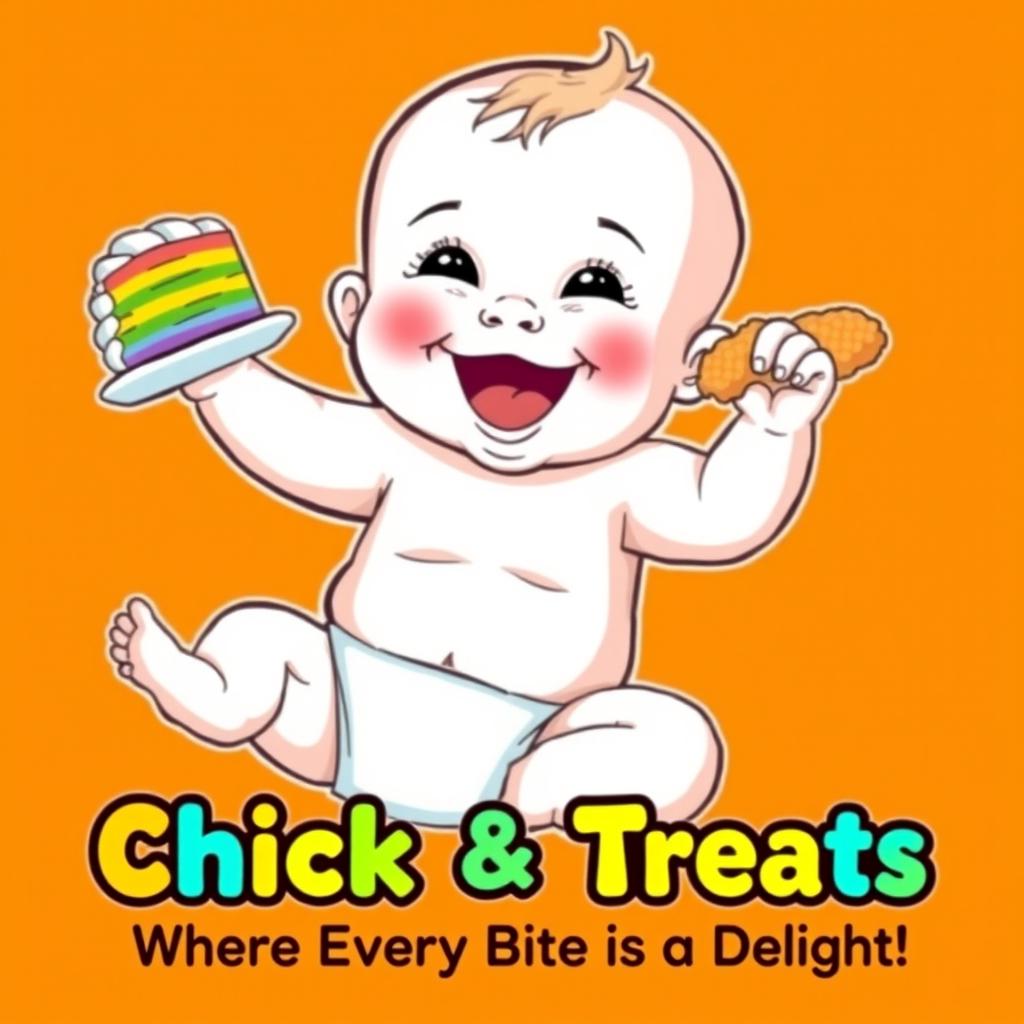 A happy cute baby wearing a diaper, joyfully holding a colorful rainbow cake in the left hand and munching on a piece of fried chicken in the right hand