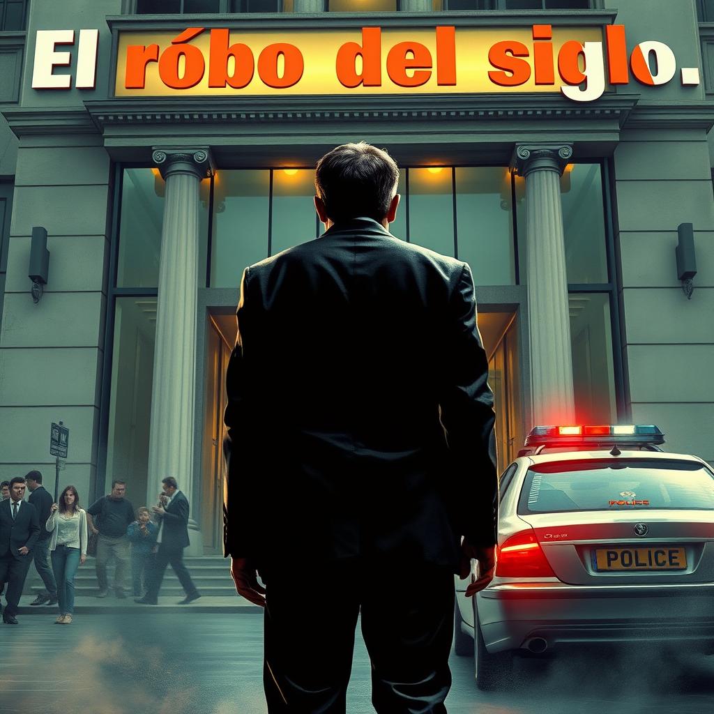 A thrilling depiction of 'El robo del siglo' featuring a man viewed from behind, clad in a dark, stylish outfit