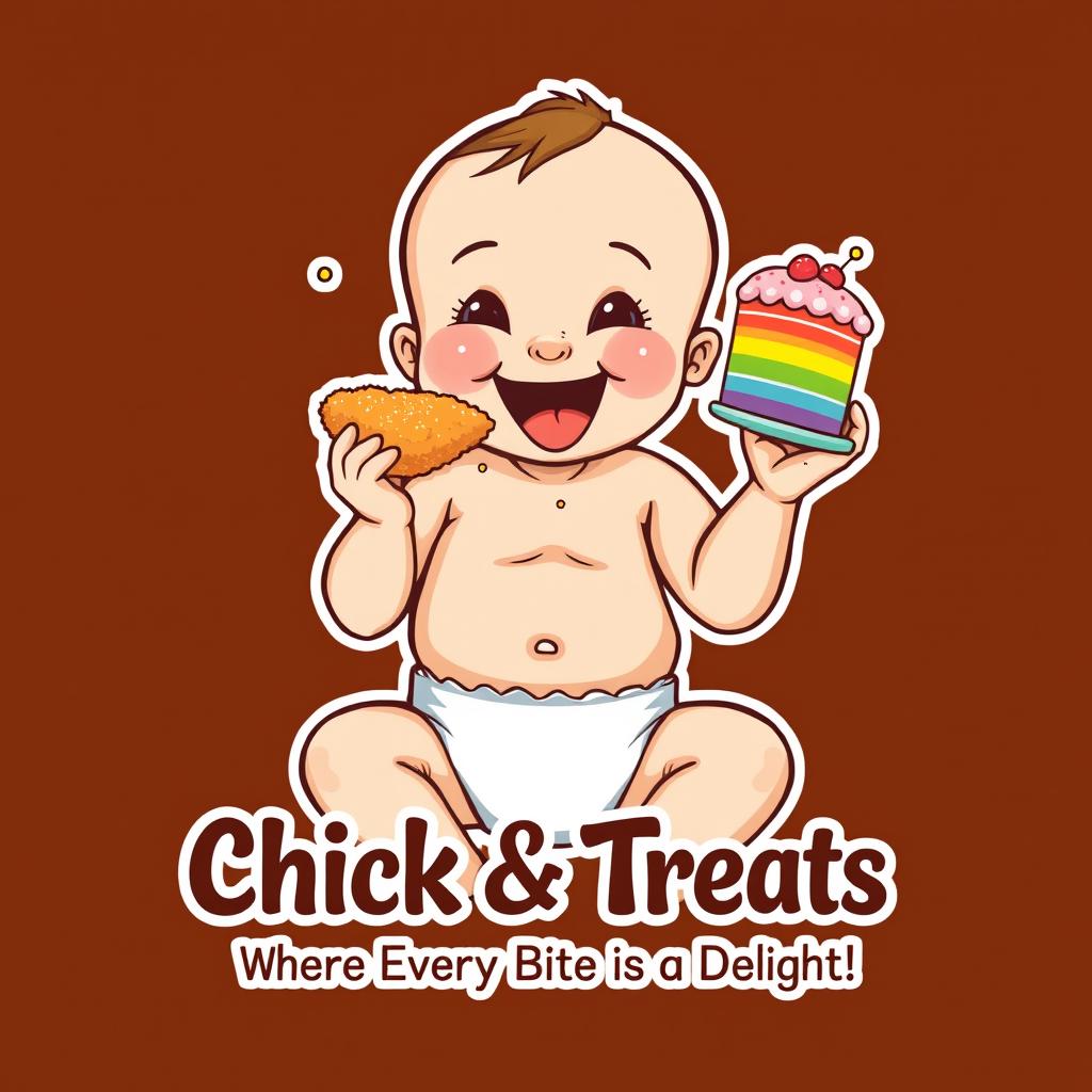 A happy cute baby wearing a diaper, cheerfully holding a colorful rainbow cake in the right hand while biting into a piece of fried chicken in the left hand