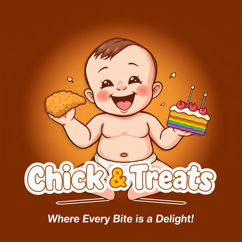 A happy cute baby wearing a diaper, cheerfully holding a colorful rainbow cake in the right hand while biting into a piece of fried chicken in the left hand