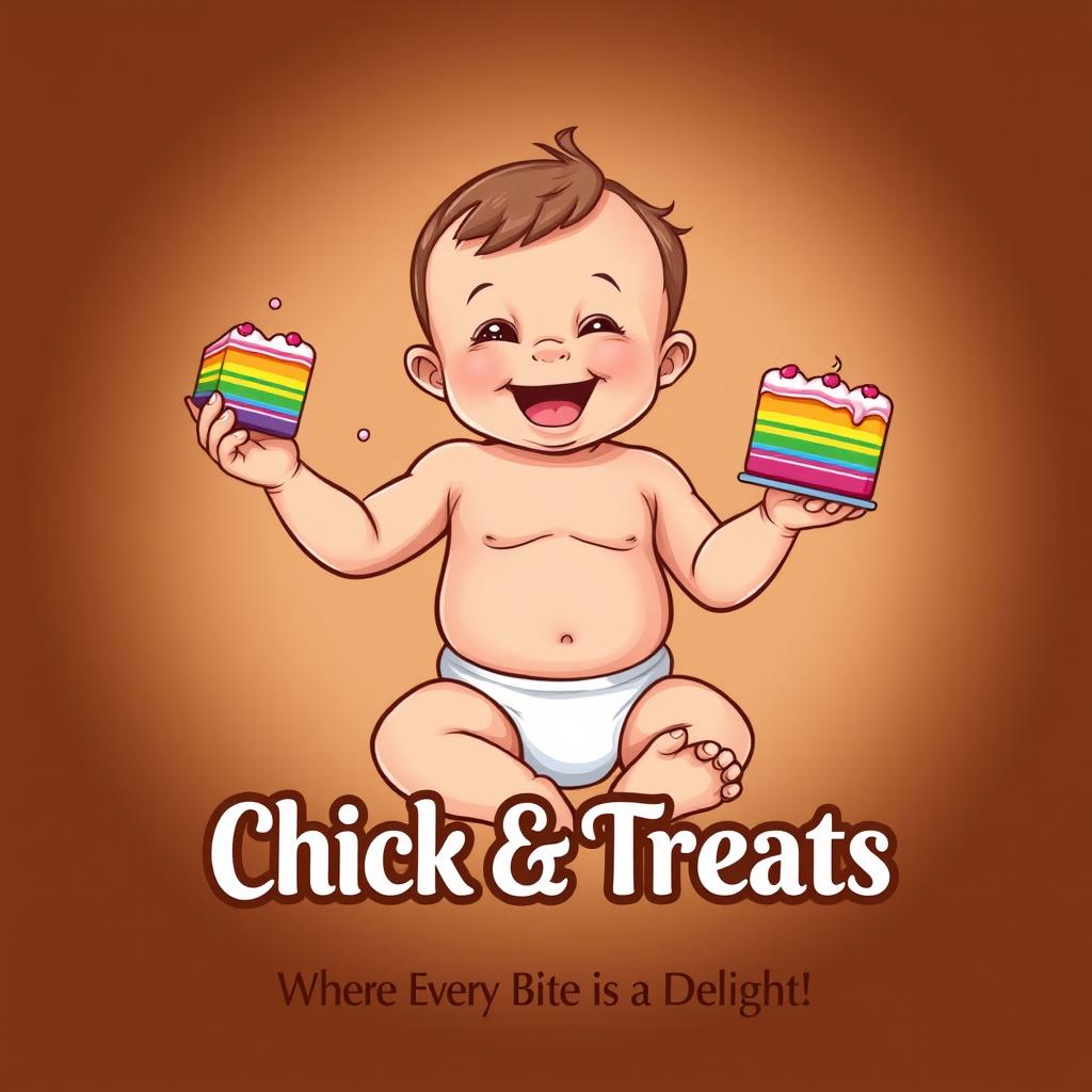 A happy, cute baby wearing a diaper, joyfully holding a colorful rainbow cake in his right hand while munching on a piece of fried chicken in his left hand