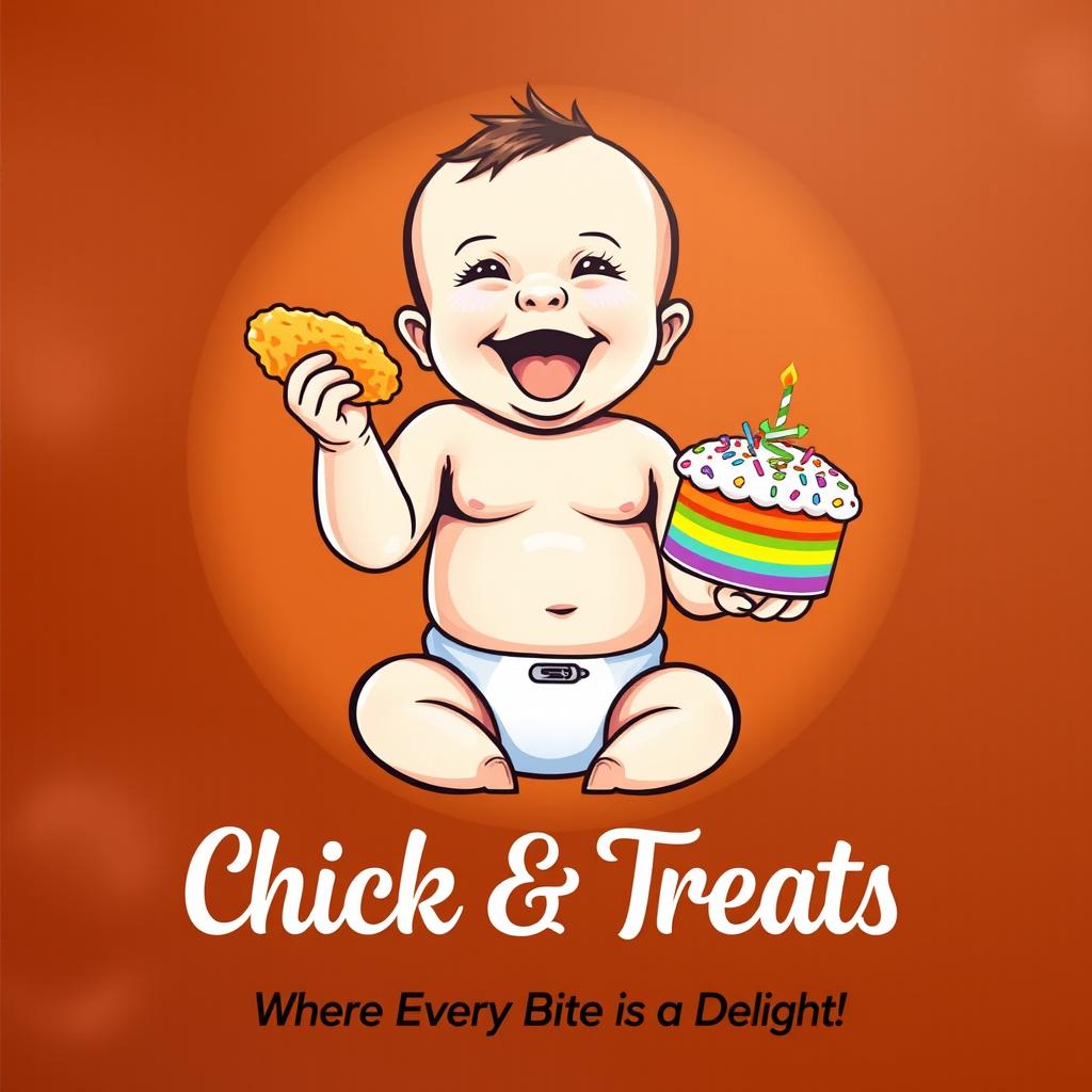 A happy, cute baby wearing a diaper, joyfully eating a piece of fried chicken with one hand while holding a vibrant rainbow cake adorned with sprinkles in the other hand