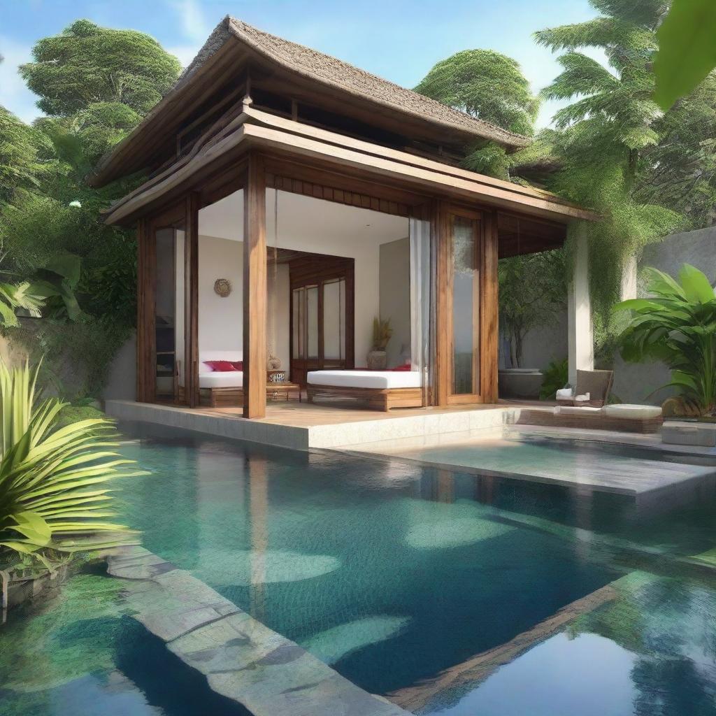 An elegant Balinese villa with a single, 60m2 floor on a 100m2 plot. An additional 60m2 second floor features an infinity pool, carport, and balcony. Each floor houses a living room, bedroom, and bathroom. A serene place for relaxation tops the structure on the rooftop.