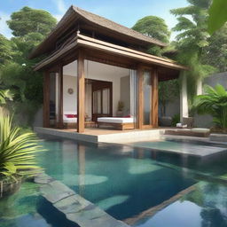 An elegant Balinese villa with a single, 60m2 floor on a 100m2 plot. An additional 60m2 second floor features an infinity pool, carport, and balcony. Each floor houses a living room, bedroom, and bathroom. A serene place for relaxation tops the structure on the rooftop.