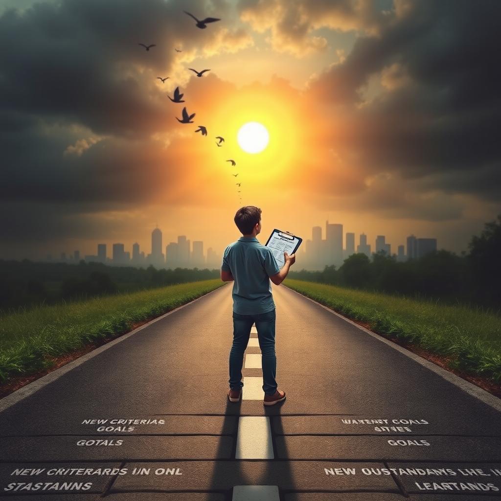 A thought-provoking scene representing the theme of changing goals and new standards being established