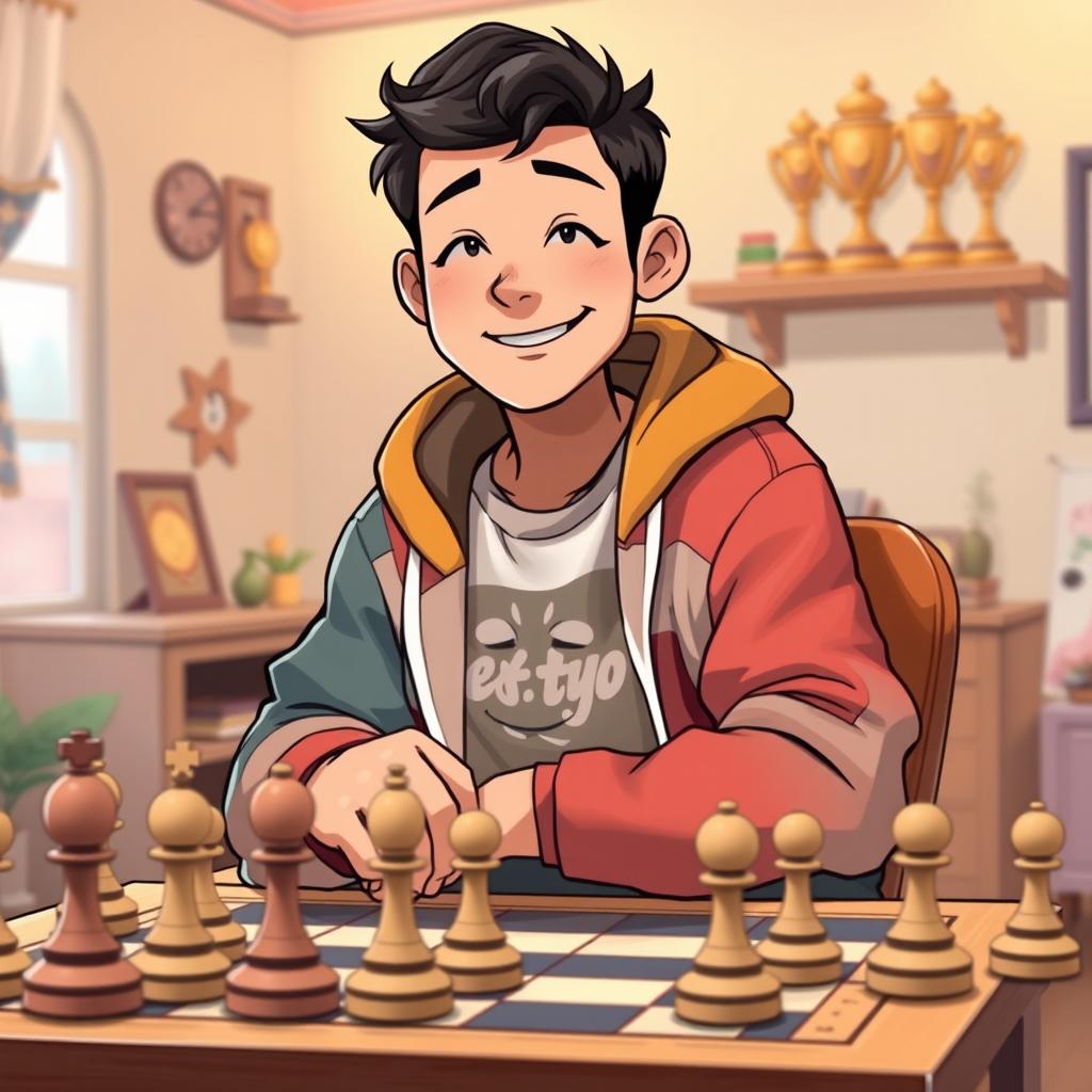 A 25-year-old male chess player in chubi style, characterized by a cute and round appearance