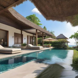 An elegant Balinese villa with a single, 60m2 floor on a 100m2 plot. An additional 60m2 second floor features an infinity pool, carport, and balcony. Each floor houses a living room, bedroom, and bathroom. A serene place for relaxation tops the structure on the rooftop.