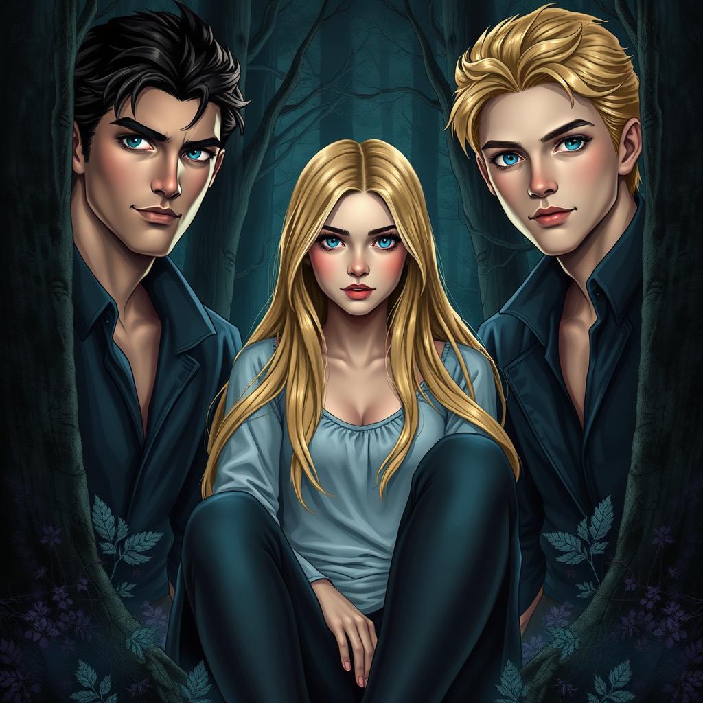 A vertical book cover illustration featuring a young woman sitting in the center