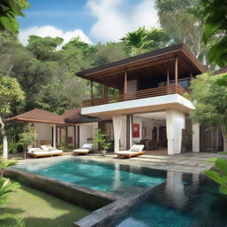 A one-story, terraced Balinese villa set on a 100m2 plot. The dwelling, encompassing 60m2 on the first floor and 60m2 on the second, includes living rooms, bedrooms, and bathrooms on both levels. The upper floor hosts an infinity pool, a carport, and a balcony, with a serene rooftop relaxation spot.